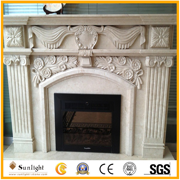 cream marfil marble fireplace mantel